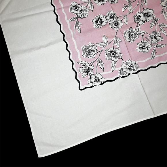 1940s Era Pink Black White Floral Tablecloth 63” x 57” Beautifully Maintained - Picture 1 of 10